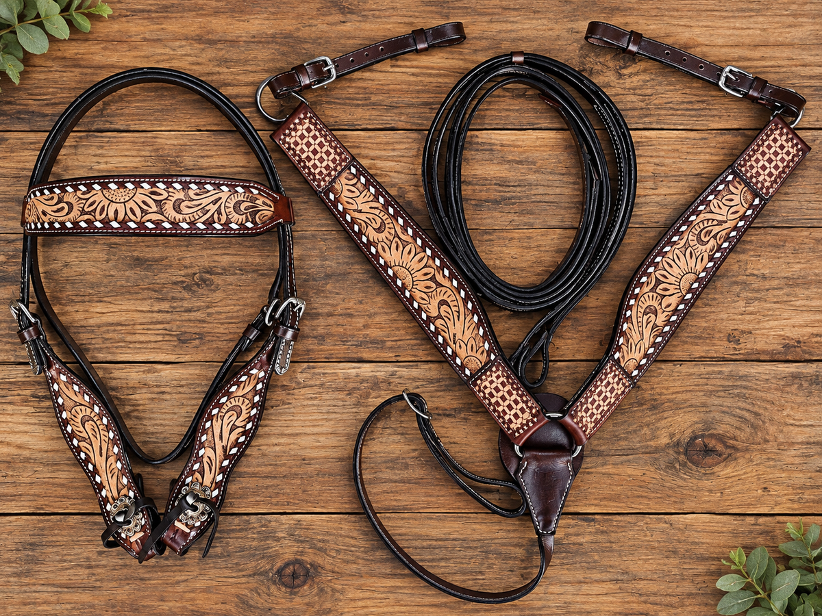 Floral Hand-Tooled Western Tack Set with Matching Split Reins