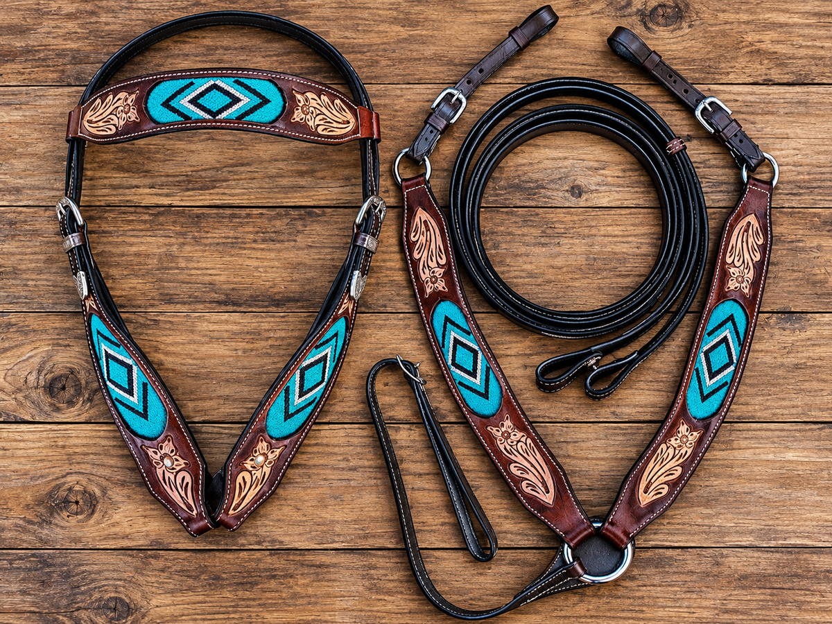Turquoise Tooled Headstall & Breast Collar Set with split reins