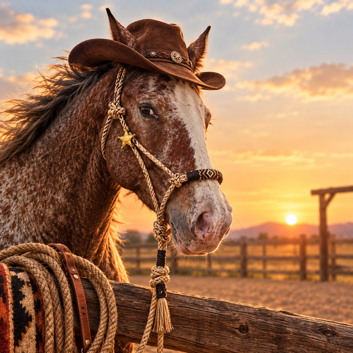 A brown leather horse halter with a decorative braided leather browband featuring red, blue, and white geometric patterns