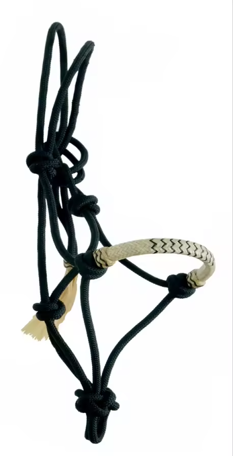 A horse halter made of black braided rope with a cream-colored woven cheek piece,