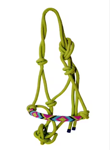 A lime green rope halter with a colorful braided patterned noseband featuring pink, blue, and black accents