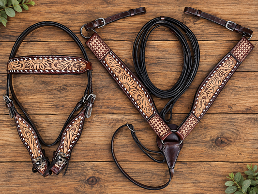 Floral Hand-Tooled Western Tack Set with Matching Split Reins