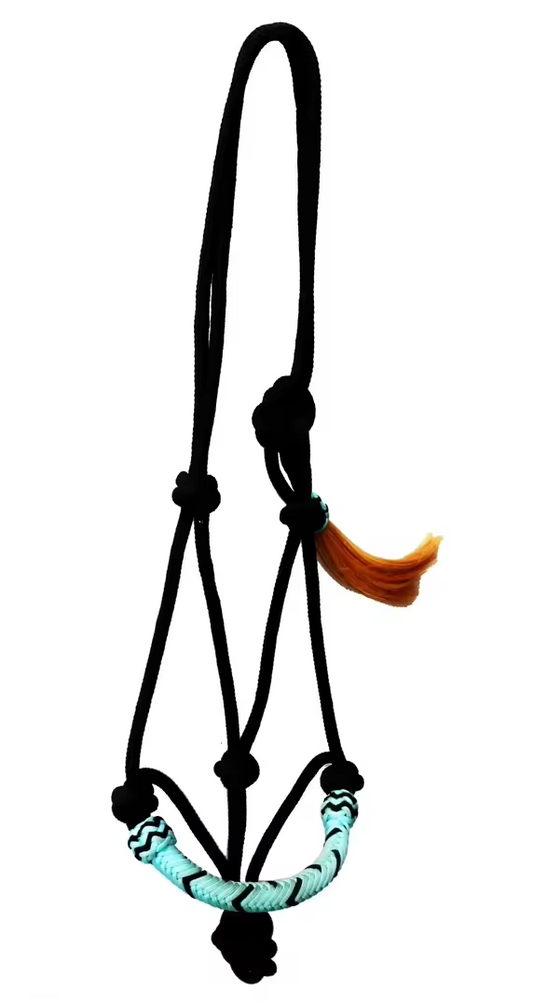 A black braided rope halter with a decorative turquoise and black patterned noseband and a small orange tassel