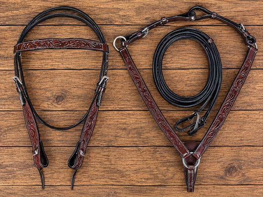 Floral classic hand tooled genuine leather headstall and breast collar